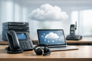 Cloud PBX Alternatives for Small Businesses - Phone Service USA - Phone Service USA Office desk with a corded phone, headset, and laptop showing a cloud icon on screen, clouds blurred in the background.