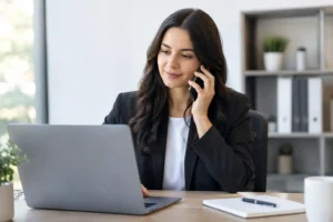 Professional woman in a black blazer talks on a mobile phone while working at a desk with a laptop and notebook nearby.