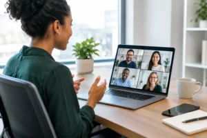 Woman in a green blouse hosts a video conference on a laptop with four participants visible in a grid layout, indoors at a bright desk.