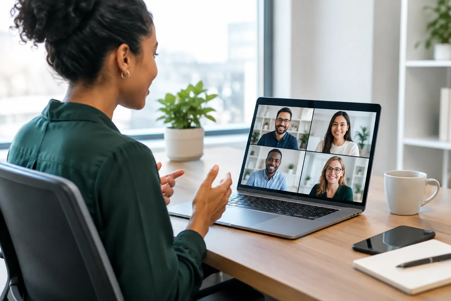 Woman in a green blouse hosts a video conference on a laptop with four participants visible in a grid layout, indoors at a bright desk.