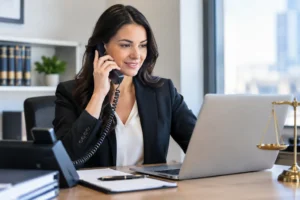 Professional woman in a blazer on the phone at her desk, with a laptop and scales of justice nearby.