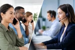 Split image: left shows smiling team members on phones, right shows a female customer service agent wearing a headset.